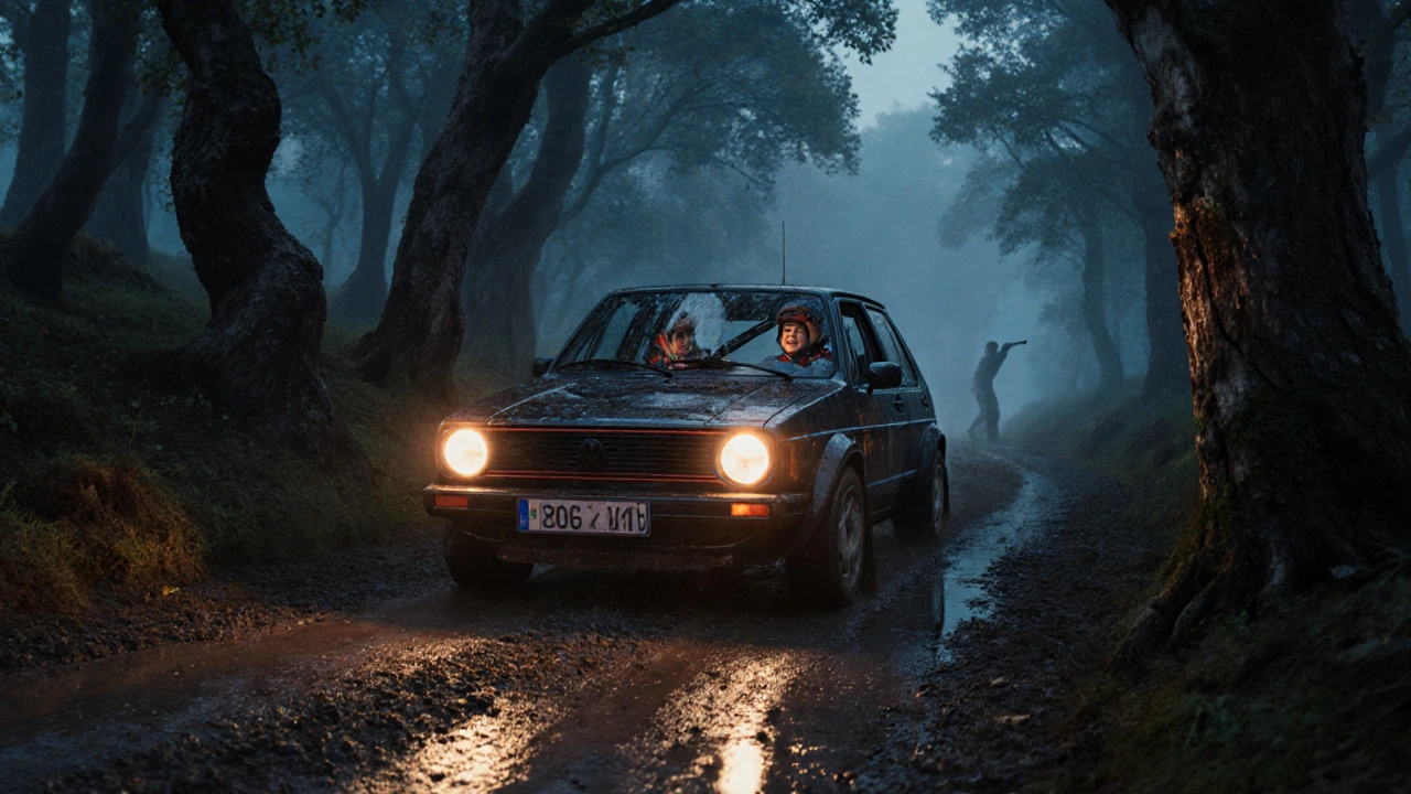 1987 Volkswagen Golf GTI on forest rally stage with grandmother in passenger seat.